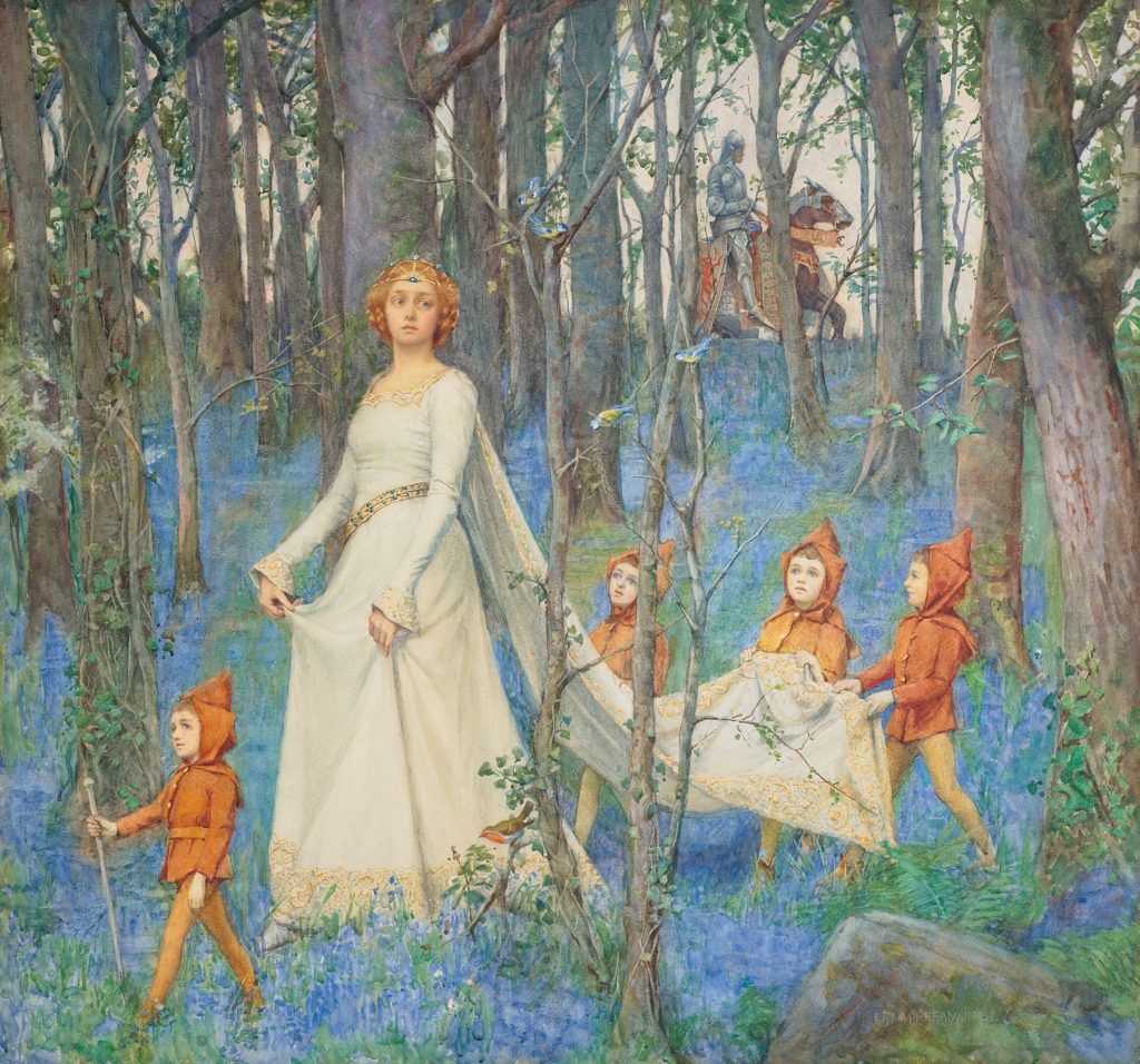 A Woman in white has a group of 4 fae wearing red walk in the forest. The girl is holding her dress up, and 3 of the fae help to carry a cape part of her dress up. A knight on horseback can be seen in the distance.