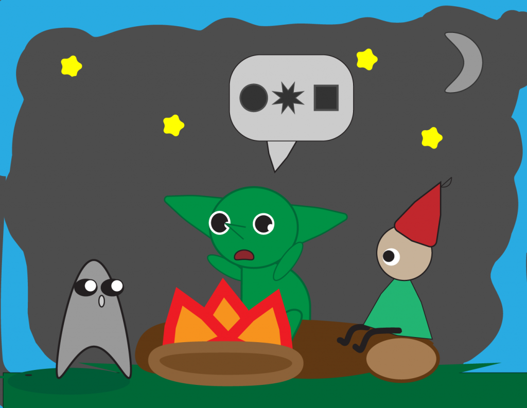 Goblin, fea, and Fresno Night Crawler around a camp fire as the goblin shares stories