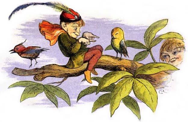A fae with a red cap and green coat is teasing a bird on a branch while another fae watches from the far right of the canvas.
